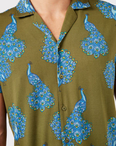 Men's Olive Peacock Jersey Button Up Short Pyjama Set